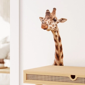 Realistic giraffe wall decal for nursery kids room decor on white wall with wood table