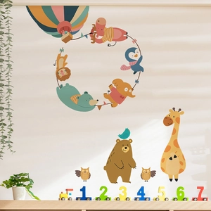Stickers Muraux Animaux de Dessin Animé et Montgolfière pour Chambre d'Enfant Décalcomanies Murales Planes en PVC Décoration de Maison