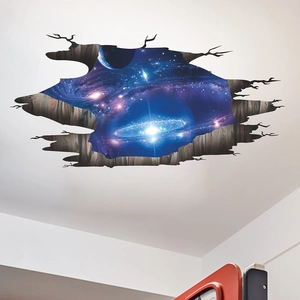 Detailed 3D cosmic wall sticker showing a realistic cracked ceiling with nebula galaxy