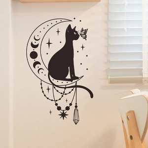 Artistic black cat on crescent moon wall decal with bohemian stars for home decoration
