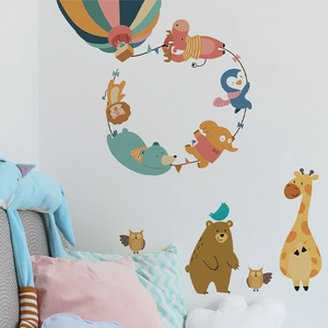 Stickers muraux animaux de dessin animé pour chambre d'enfant avec montgolfières