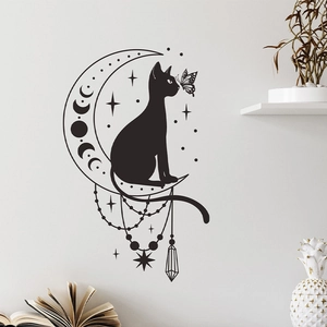 Minimalist black silhouette wall sticker featuring a cat on a crescent moon with stars