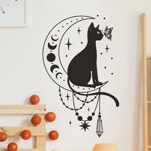 Artistic black cat on crescent moon wall decal with boho moon phases for home decor