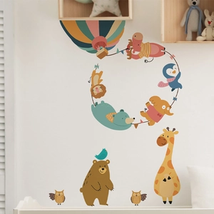 Stickers muraux animaux de dessin animé avec girafe et montgolfière pour décor enfant