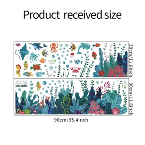 Detail of cartoon ocean life wall decals showing product dimensions of 30x90cm sheets