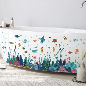 Cartoon ocean world wall stickers with whales and turtles for bathroom bathtub decoration