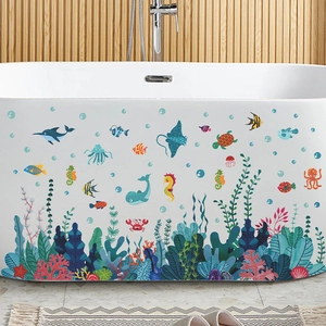 Cartoon ocean world wall stickers with dolphins and coral for bathroom bathtub decoration