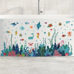 Cartoon ocean world wall stickers with dolphin and coral for bathroom decor