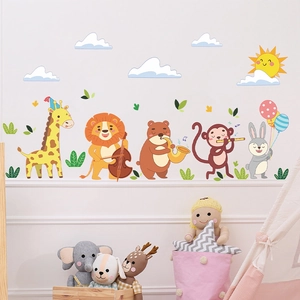 Cartoon animal music concert wall stickers with giraffe and lion for kids room decor