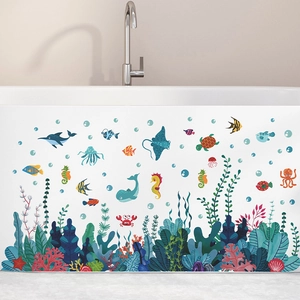 Ocean world wall stickers featuring cartoon dolphins and coral for bathroom tub decor