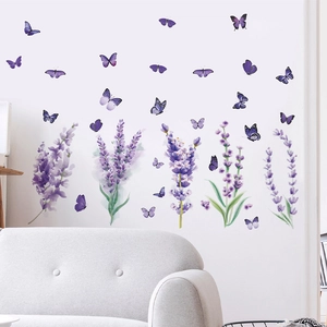 Stickers muraux de lavande violette et papillons à l'aquarelle pour décoration de salon