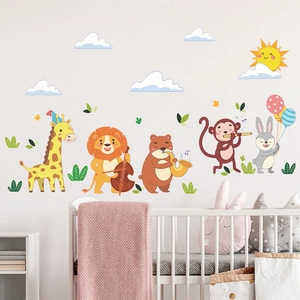 Cartoon animal music concert wall stickers with giraffe and lion for nursery decor