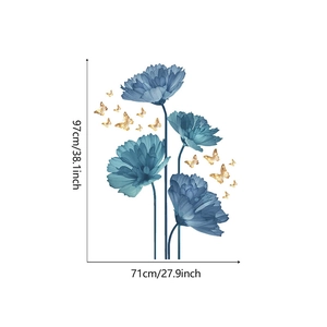 Detailed view of blue ink flowers and gold butterfly wall stickers with size dimensions