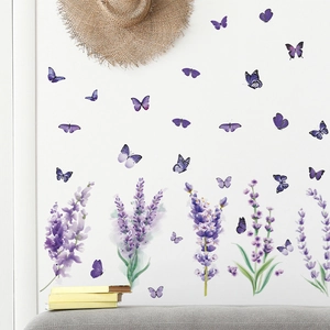 Stickers Muraux Papillon Lavande Violette PVC Imperméable Fleurs Décalcomanies Pour Chambre Salon Décoration Maison