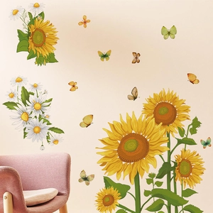 Vibrant sunflower and white daisy wall stickers with colorful butterflies for home decor