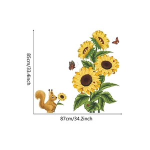 Detail view of sunflower wall decal dimensions 85x87cm featuring a cute squirrel and butterflies