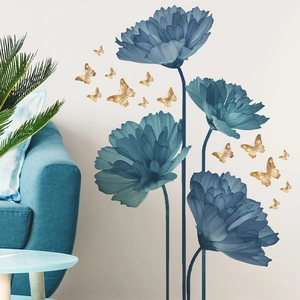 Elegant blue floral wall stickers with golden butterflies for living room decoration