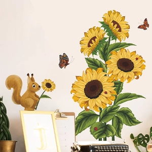 Vibrant sunflower wall decal set with brown squirrel and butterflies for home decor
