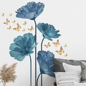 Blue watercolor floral wall stickers with golden butterfly accents for bedroom decor