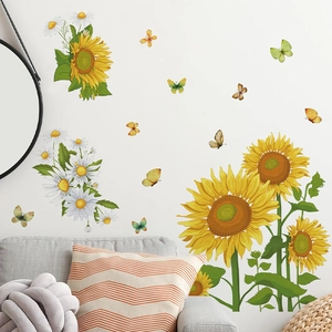 Colorful sunflower and daisy wall decals with butterflies for cozy living room decoration