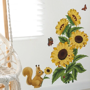 Vibrant sunflower and squirrel wall decal set for cozy bedroom or living room decor