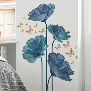 Elegant blue watercolor floral wall stickers with golden butterfly accents for home decor