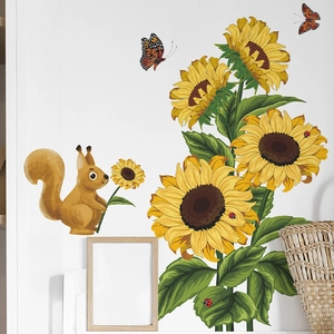 Sunflower and squirrel wall decals for home decor in living room and bedroom