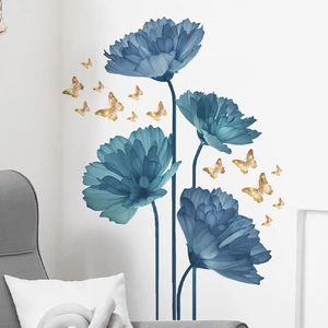 Blue watercolor floral wall stickers with golden 3D butterflies for bedroom wall decor