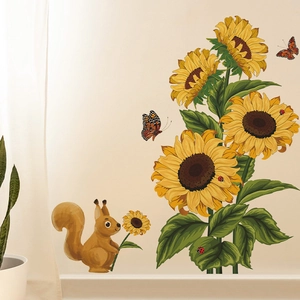 Vibrant sunflower and squirrel wall decal set for home living room decor