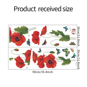 Dimensions détaillées pour deux stickers muraux de 30x90cm avec coquelicots et papillons