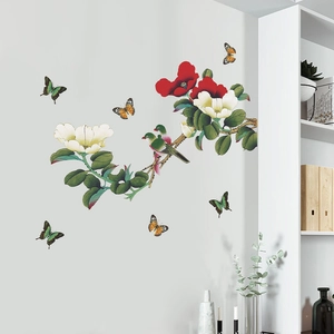 Self-adhesive floral wall sticker with birds and butterflies for home decoration