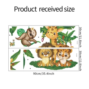 Detailed view of kids wall stickers showing two 30x90cm sheets with cartoon animals