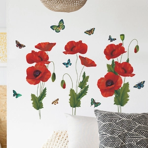 Stickers muraux coquelicots rouges vifs avec feuilles vertes et papillons pour déco maison