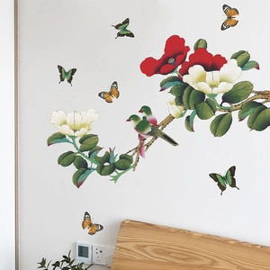 Self-adhesive wall sticker featuring floral blossoms, birds and butterflies for home decor
