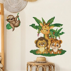 Cartoon animal wall stickers with lion, giraffe, and tiger for nursery room decor