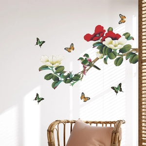 Self-adhesive wall sticker featuring floral branches and birds for home background decor