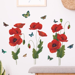 Stickers muraux coquelicots rouges et papillons colorés pour décoration intérieure