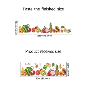 Détail de stickers muraux fruits colorés montrant dimensions de mise en page et texture PVC