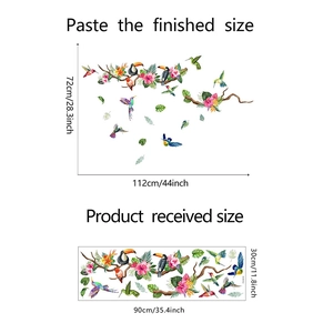 Detailed size comparison of tropical bird and flower wall stickers with dimensions