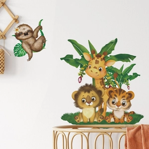 Cartoon animal wall stickers featuring a lion, giraffe, and sloth for nursery wall decoration
