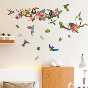 Tropical wall decals featuring vibrant hummingbirds, toucans and watercolor hibiscus flowers
