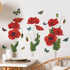 Stickers Muraux Coquelicot Rouge Et Papillon en PVC Décalcomanies Florales Amovibles Pour Salon Chambre Bureau Décor