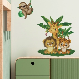 Cartoon jungle animal wall stickers featuring a lion, giraffe and tiger for kids room