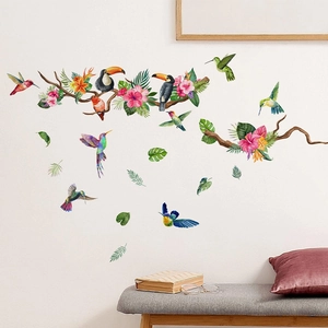 Tropical Birds And Flowers Wall Stickers PVC DIY Tree Branch Toucan Hummingbird Hibiscus Decals For Living Room Bedroom Decor