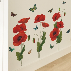 Stickers muraux de coquelicots et papillons colorés pour décoration du salon