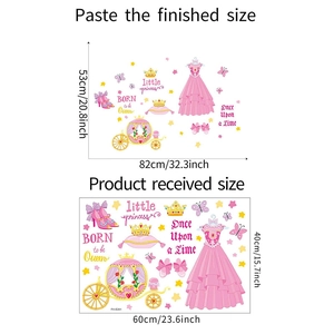 Detail of pink princess wall decals showing sticker sheet and finished layout dimensions