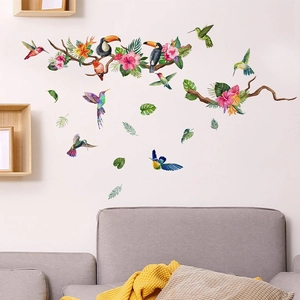 Tropical wall stickers with hummingbirds and hibiscus flowers for living room decor