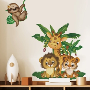 Cartoon jungle animal wall stickers featuring a giraffe and lion for nursery wall decor