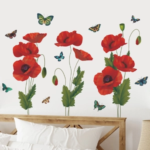 Stickers muraux fleurs de pavot et papillons colorés pour décoration murale de la chambre