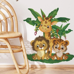 Cartoon Jungle Animal Wall Stickers PVC Giraffe Lion Tiger Sloth Tropical Leaves Nursery Kids Room Decor Hand Drawn